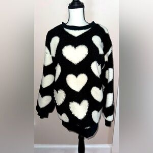 Black and White Heart Crewneck Sherpa Sweater with pearls and crystals